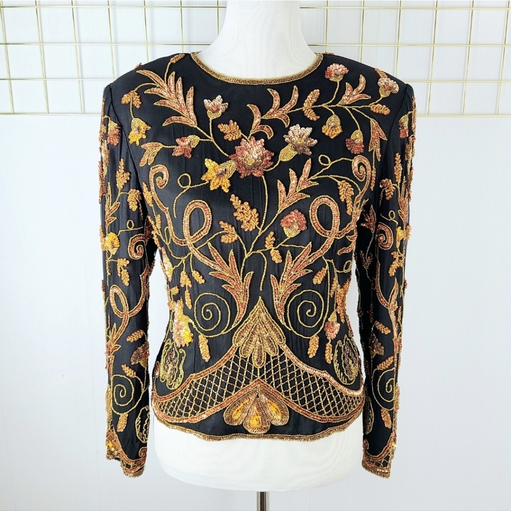 Niteline Della Roufogali He-Ro Silk Ornate Gold Sequin Beaded 1994 Vintage Top